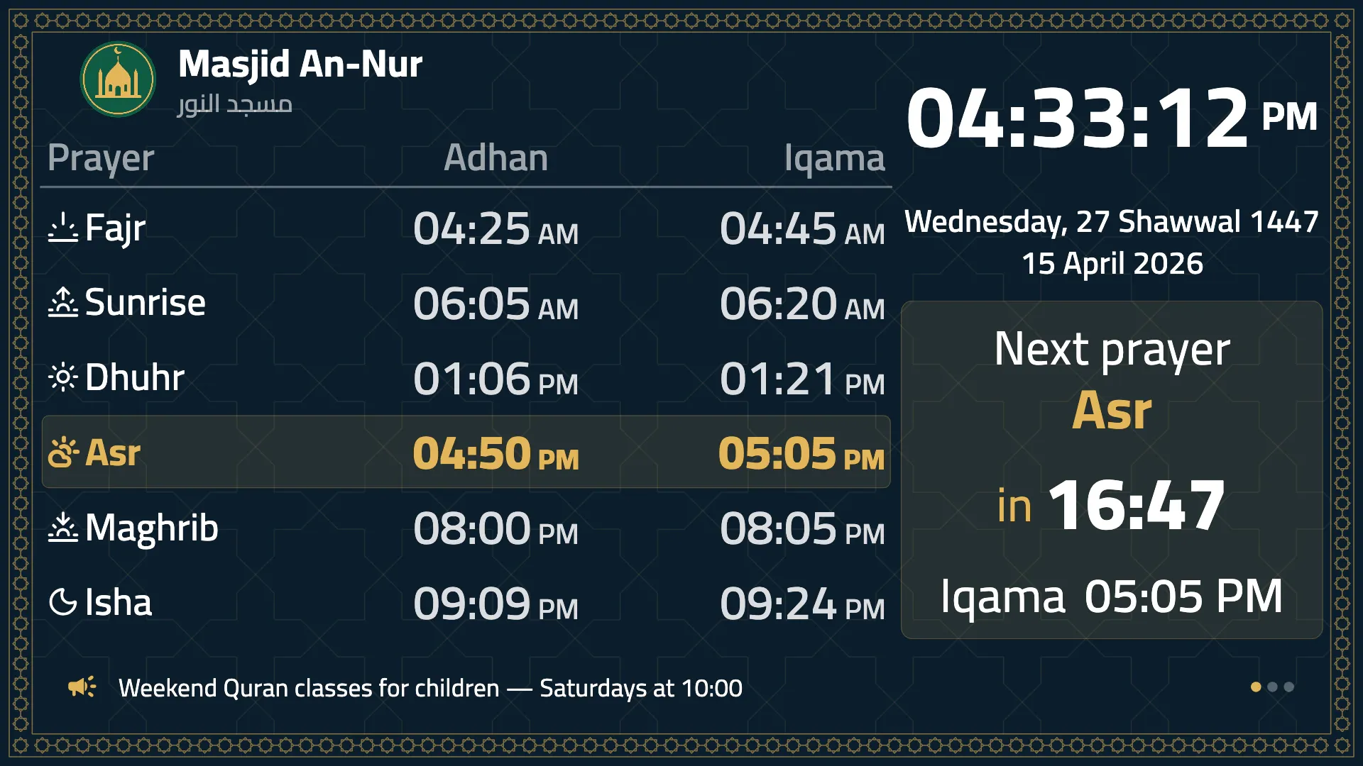 Prayer-time screen with the day's adhan and iqama times and a countdown to the next prayer