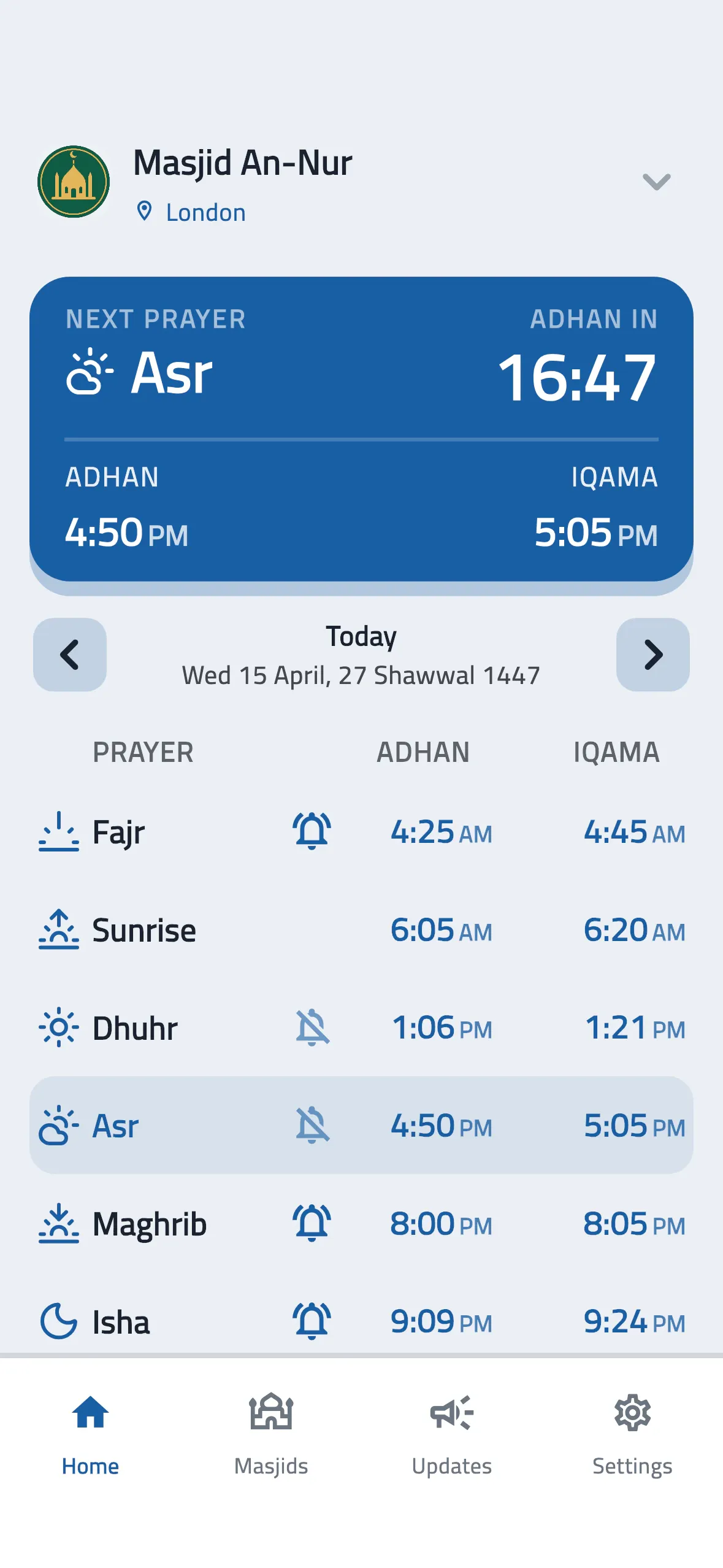 Congregation app home screen with the next prayer and today's iqama times