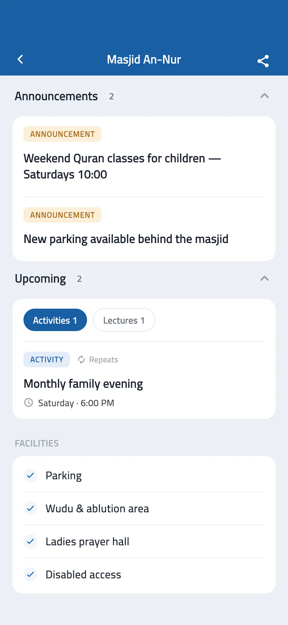 Activities, lectures and facilities on the masjid's page