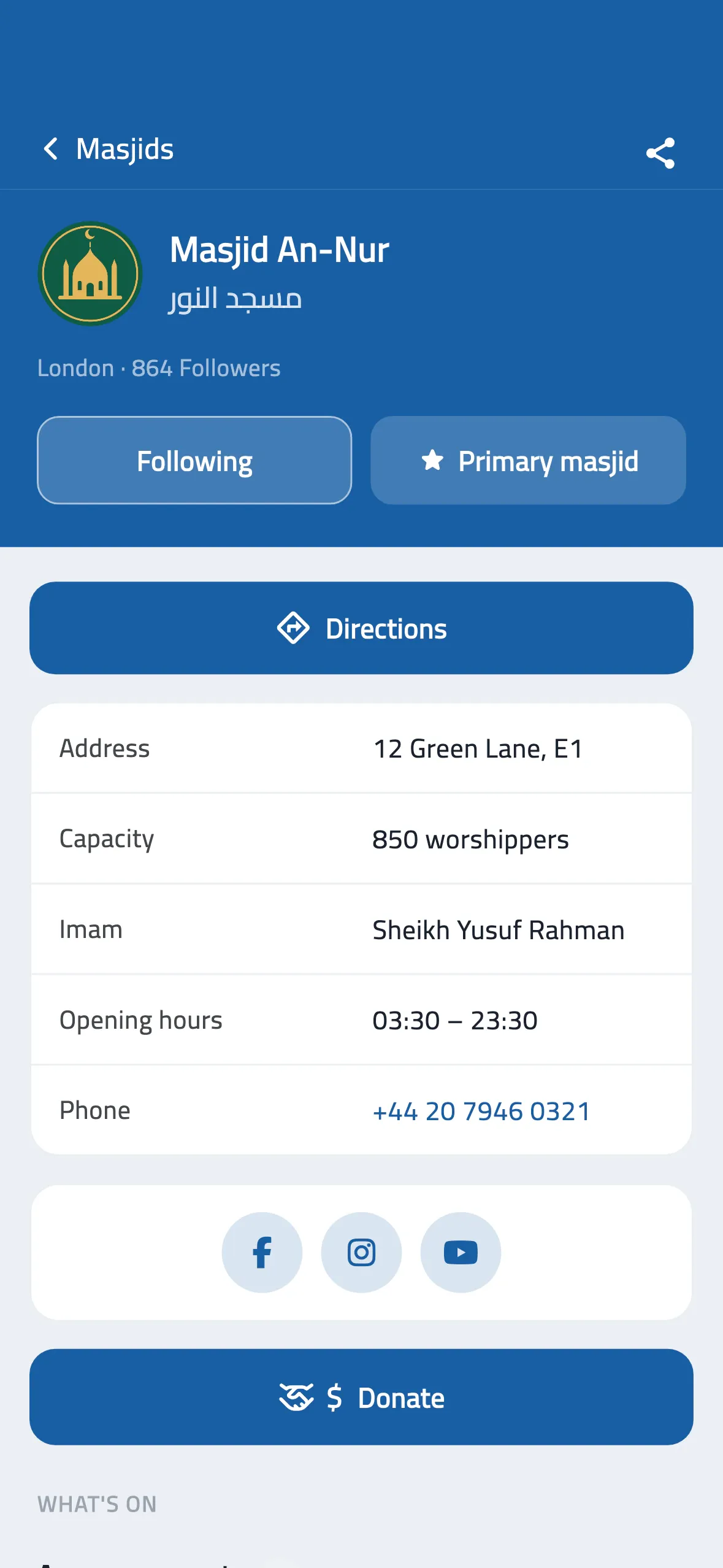 The masjid's page in the congregation app