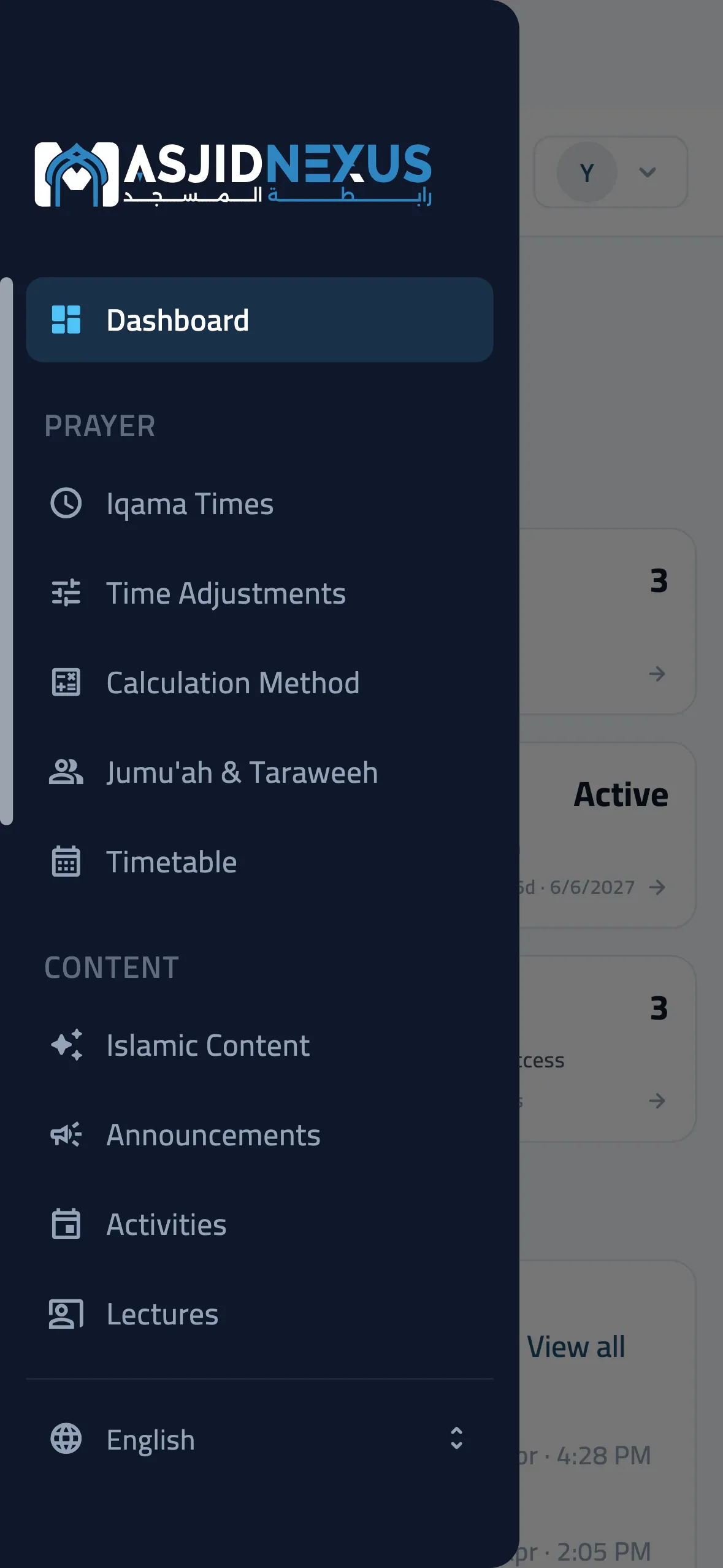 The admin portal app with its menu open over the dashboard: iqama times, time adjustments, the calculation method, Jumu'ah and Taraweeh, the timetable, Islamic content, announcements, activities and lectures