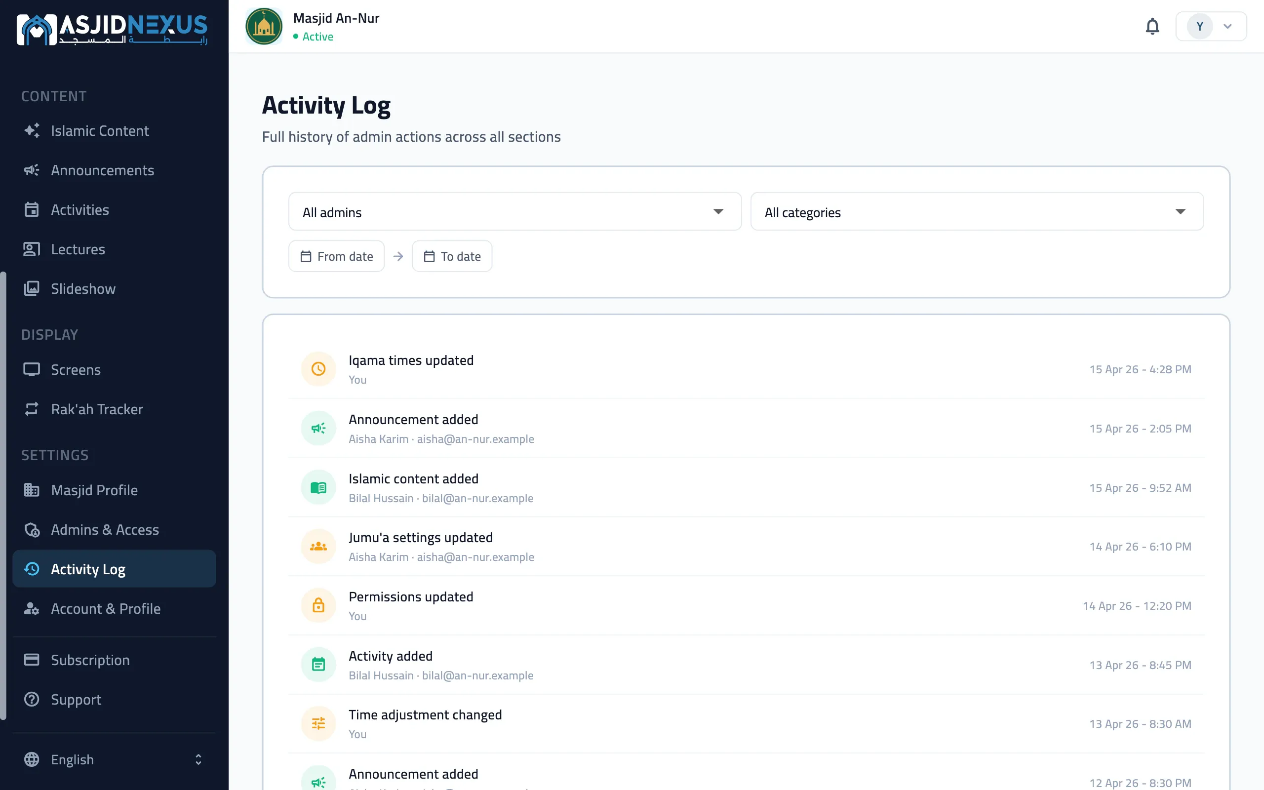 The admin portal on the web: the Activity Log, with who changed what and when