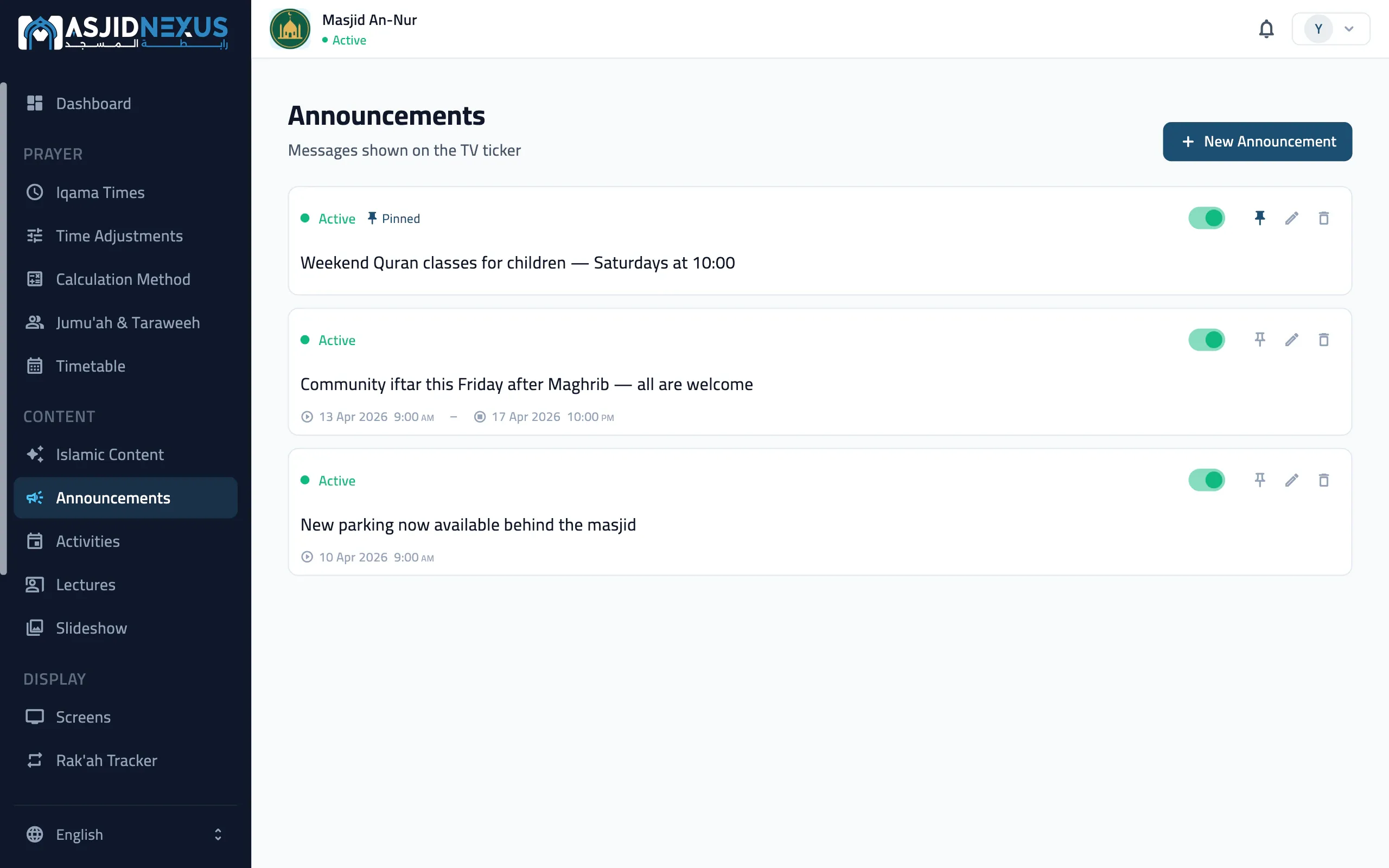 The admin portal on the web: the Announcements screen, with three live announcements, one pinned and one with start and end dates