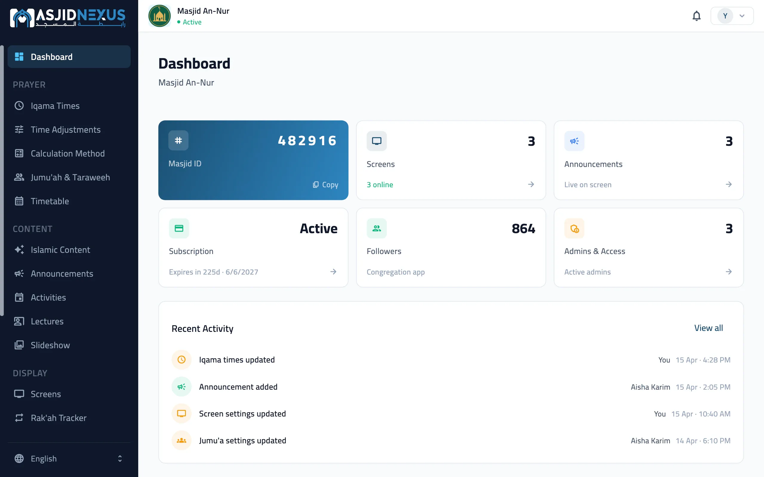 The admin portal on the web: the dashboard, with the Masjid ID, the screens online, announcements, the subscription, followers and recent activity