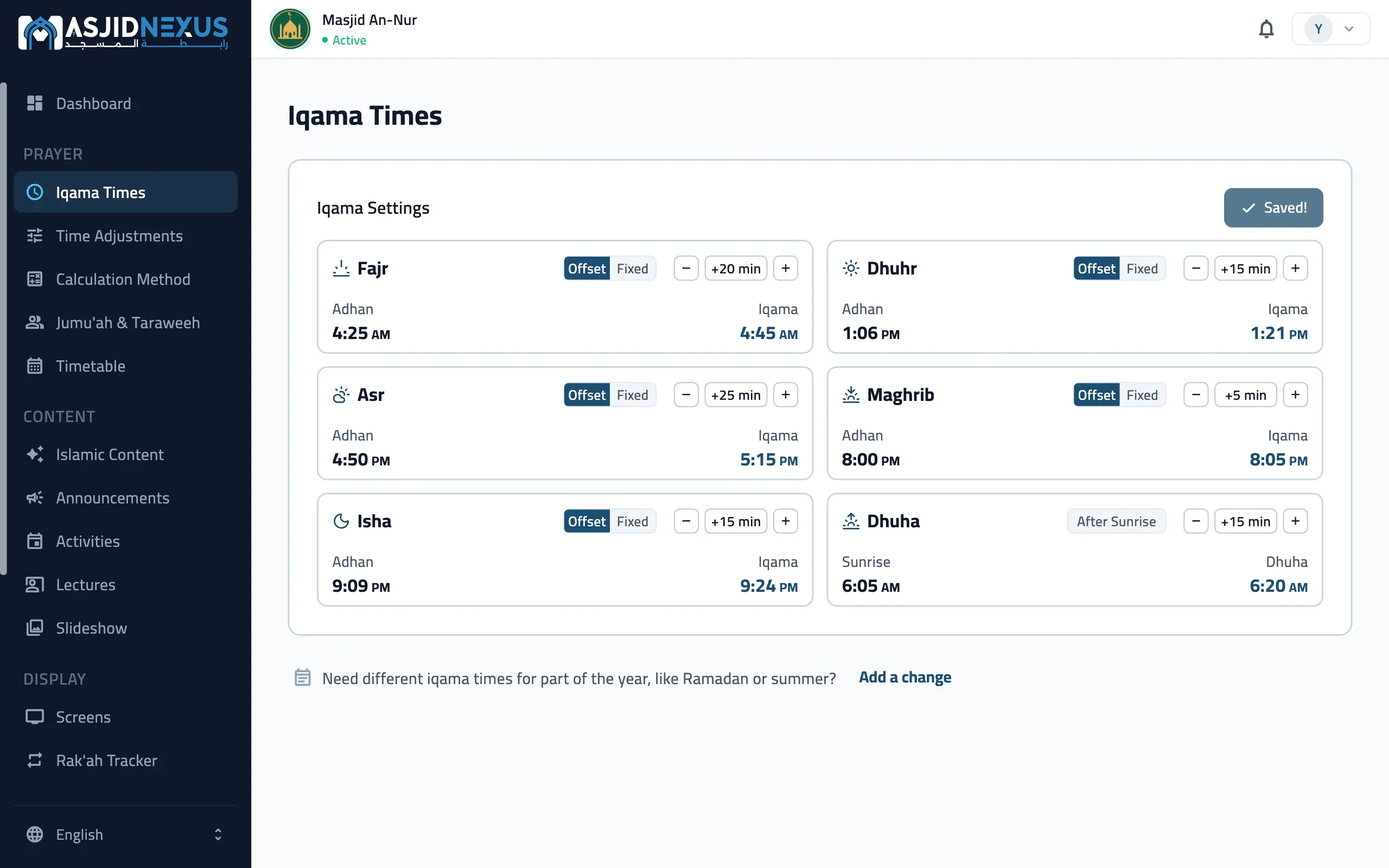 The admin portal on the web: the Iqama Times screen, with each prayer's adhan, iqama rule and iqama time