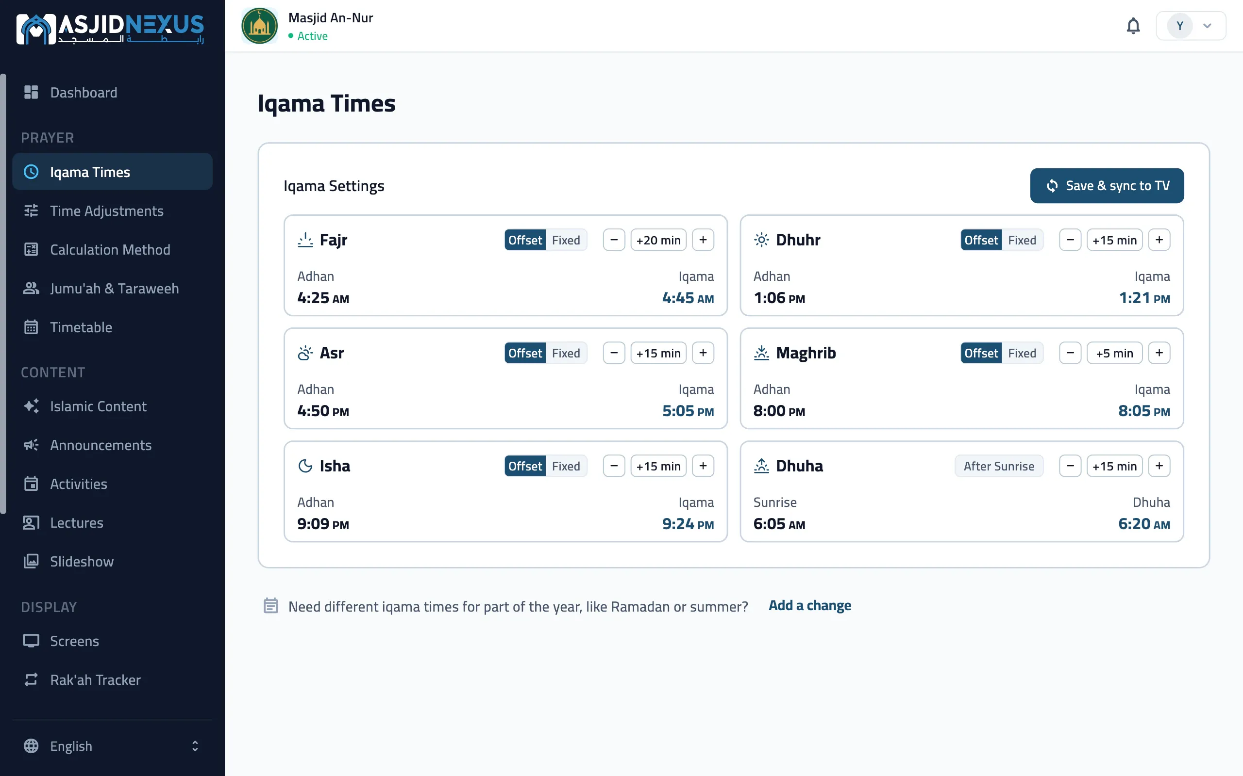The admin portal on the web: the Iqama Times screen, with each prayer's adhan, iqama rule and iqama time