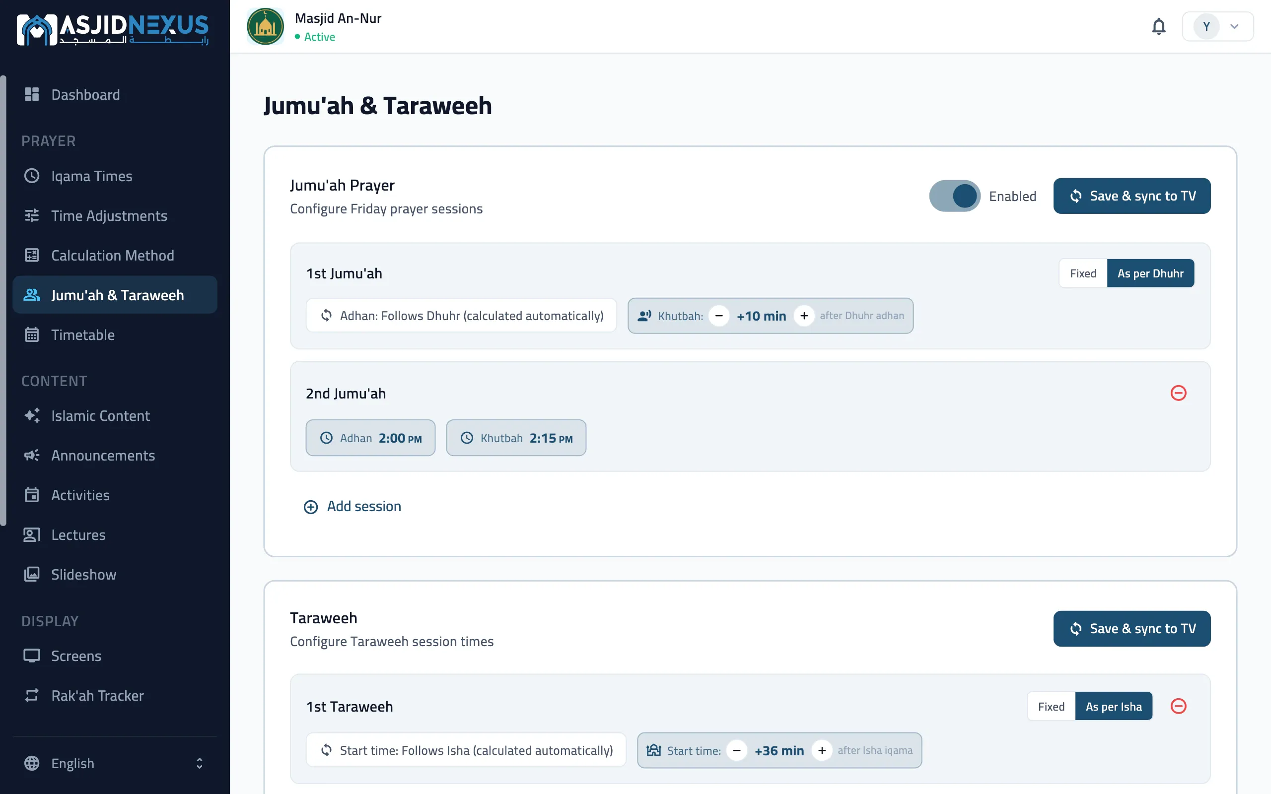 The admin portal on the web: Jumu'ah and Taraweeh, with two Jumu'ah sessions and Taraweeh following the Isha iqama