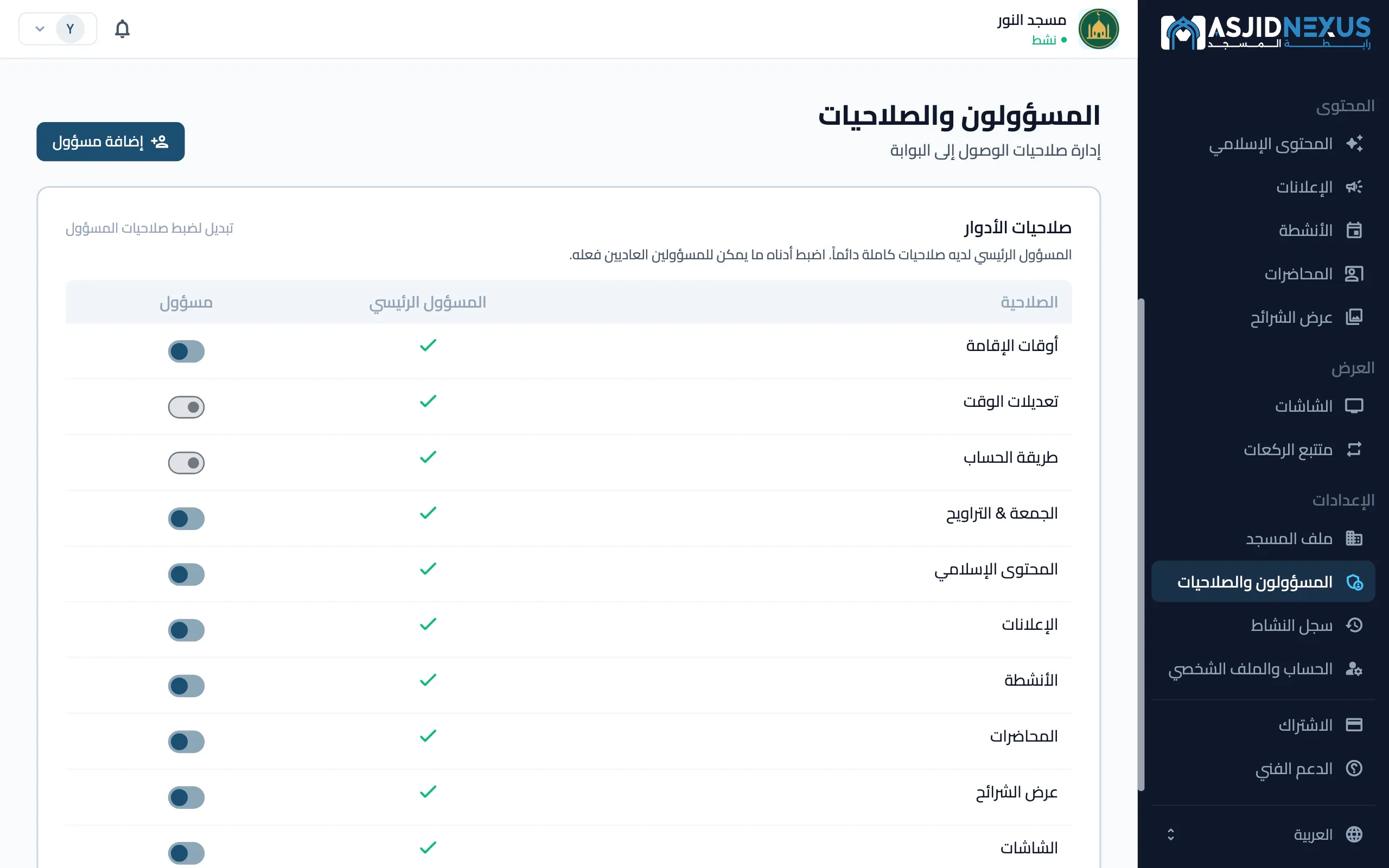 بوابة الإدارة على الويب: المسؤولون والصلاحيات، مع أقسام البوابة التي يمكن للمسؤولين تغييرها، مفعّلة أو معطّلة