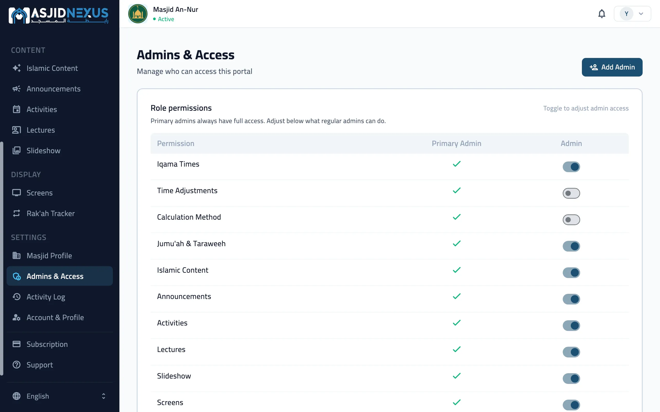 The admin portal on the web: Admins and Access, with the parts of the portal admins can change, switched on or off