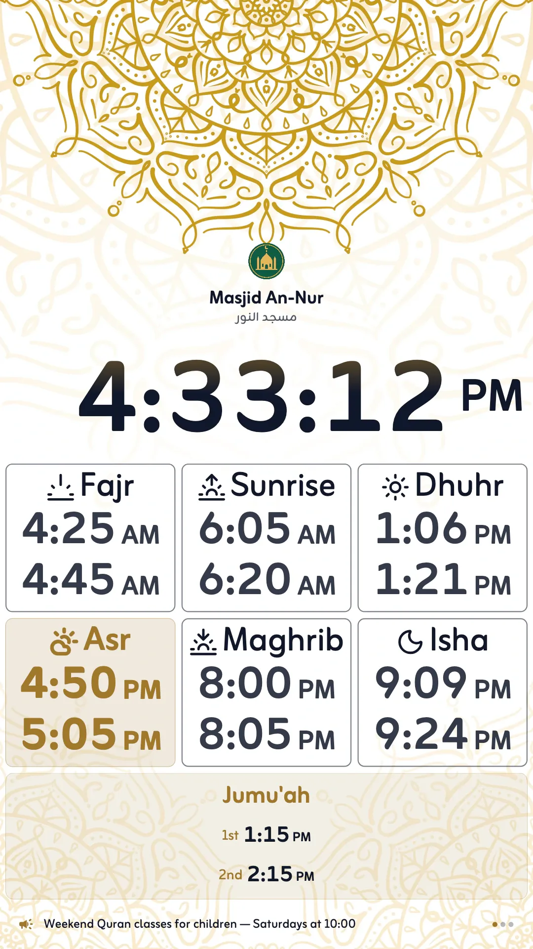 Golden Crown, a ready-made portrait design: the times as boxes under a gold floral crown, with Jumu'ah