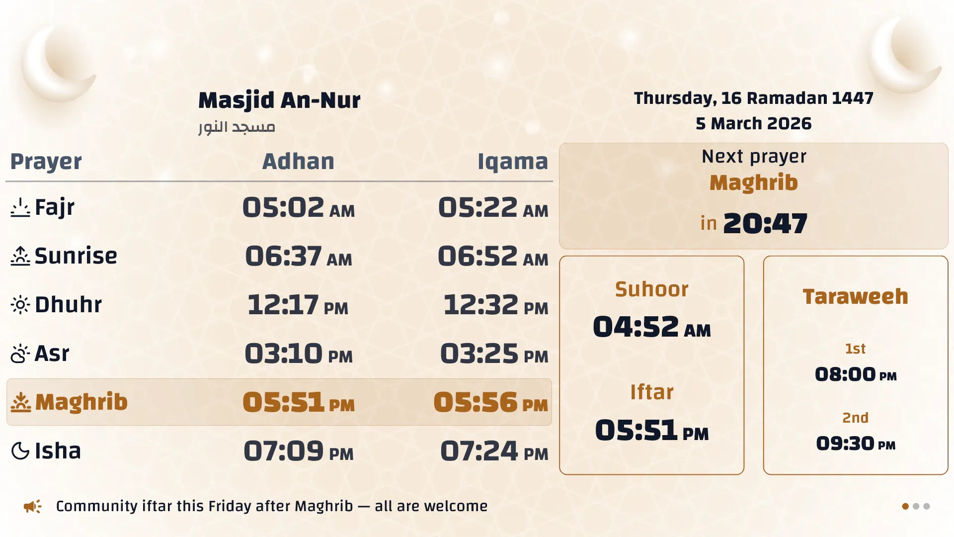 Ramadan screen with Suhoor, Iftar and Taraweeh times