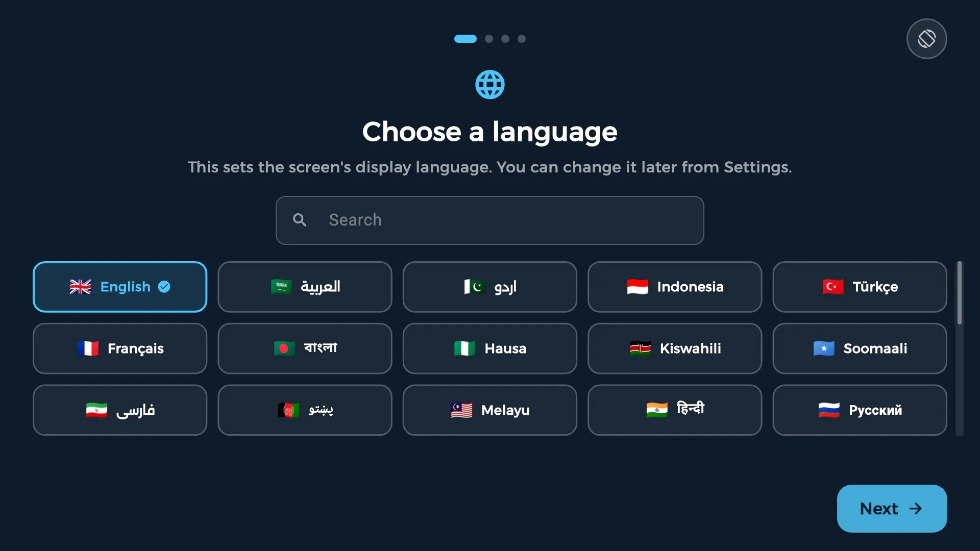 The TV app's first setup step: choosing the screen's language