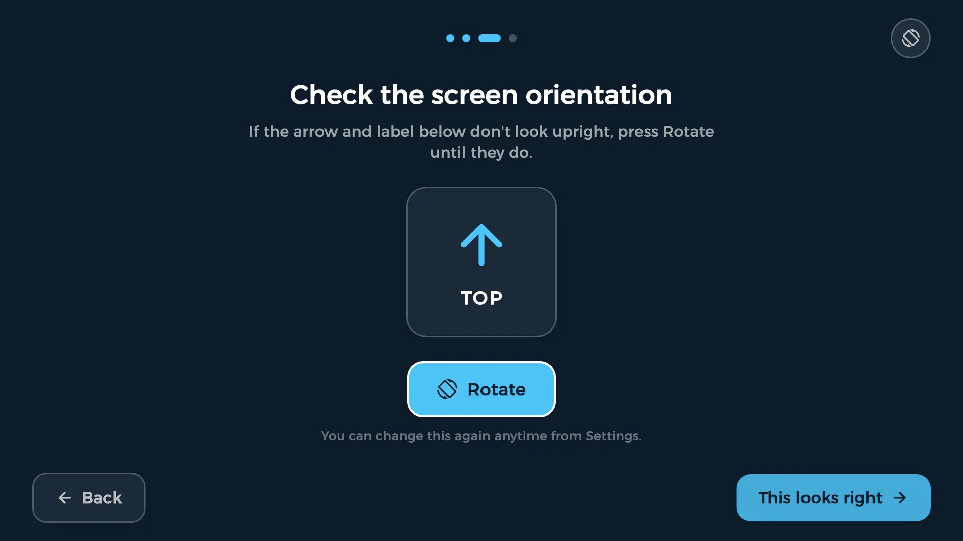 The TV app's orientation step: checking the screen is upright, with a Rotate button