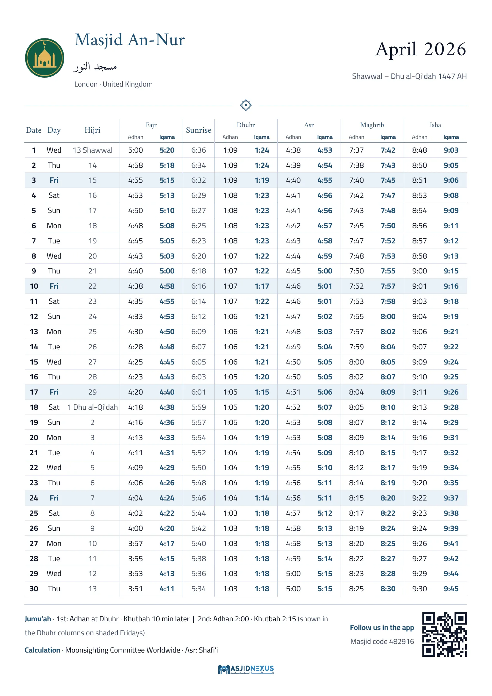 Prayer timetable — Masjid An-Nur, April 2026