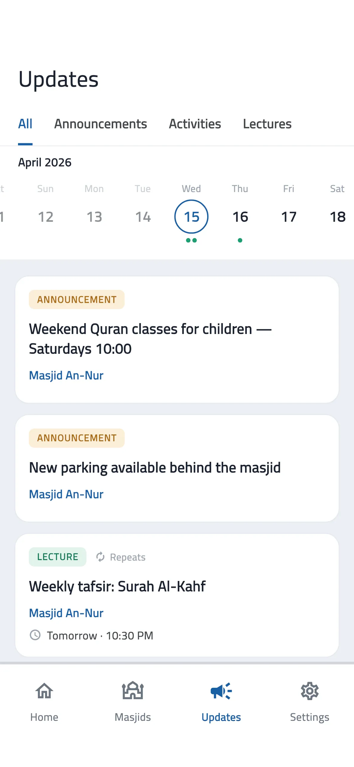Announcements, activities and lectures in the congregation app